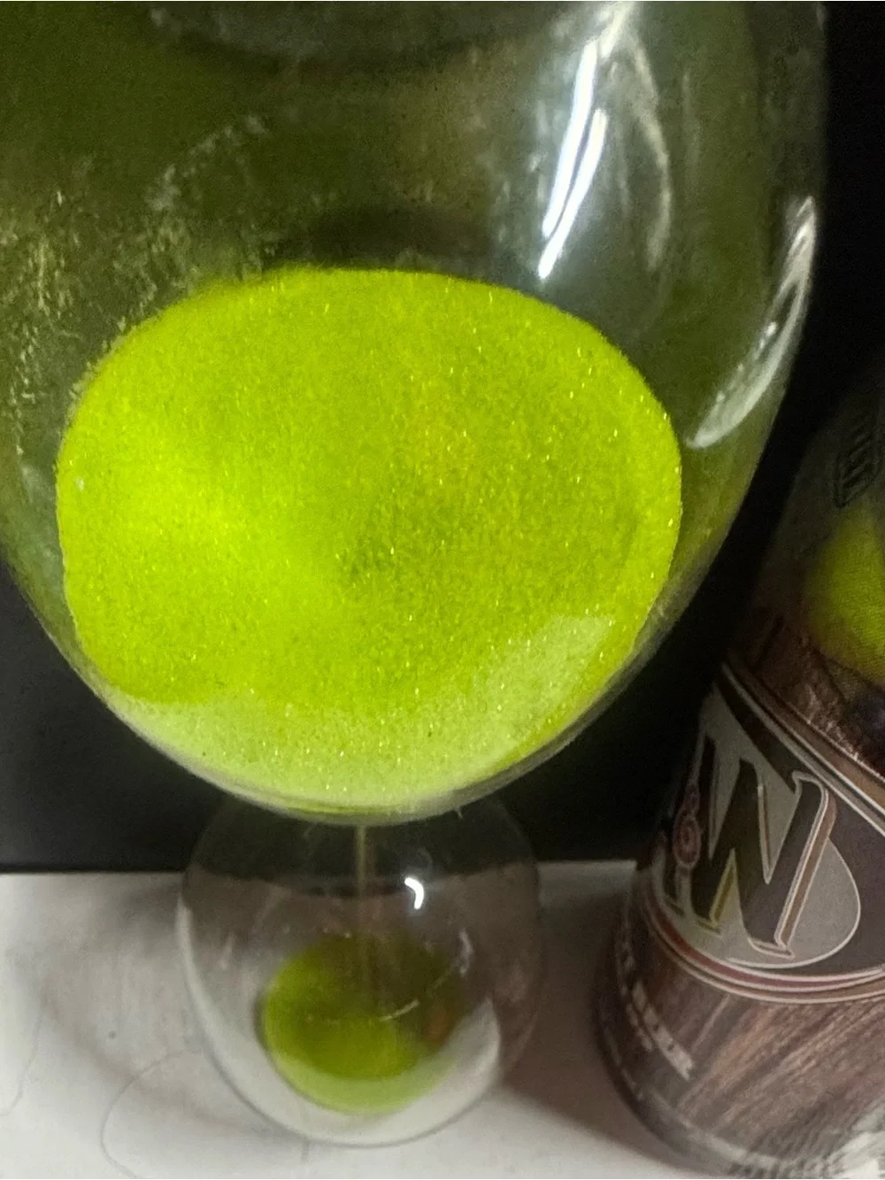 10 minute glass egg timer with lime green sand hour glass 8” tall
